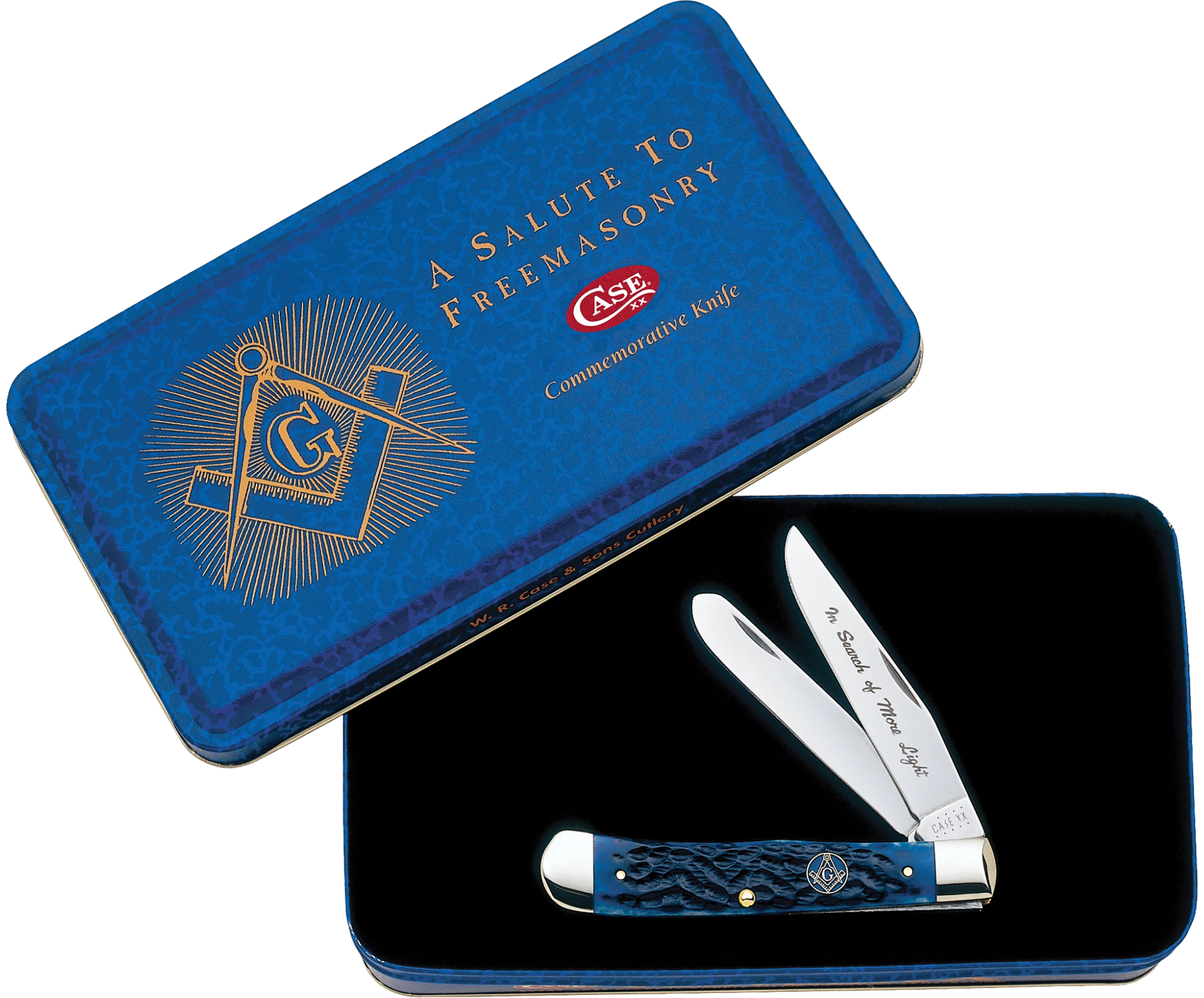 Case 01058 6254 SS Navy Blue Bone Masonic Trapper Knife