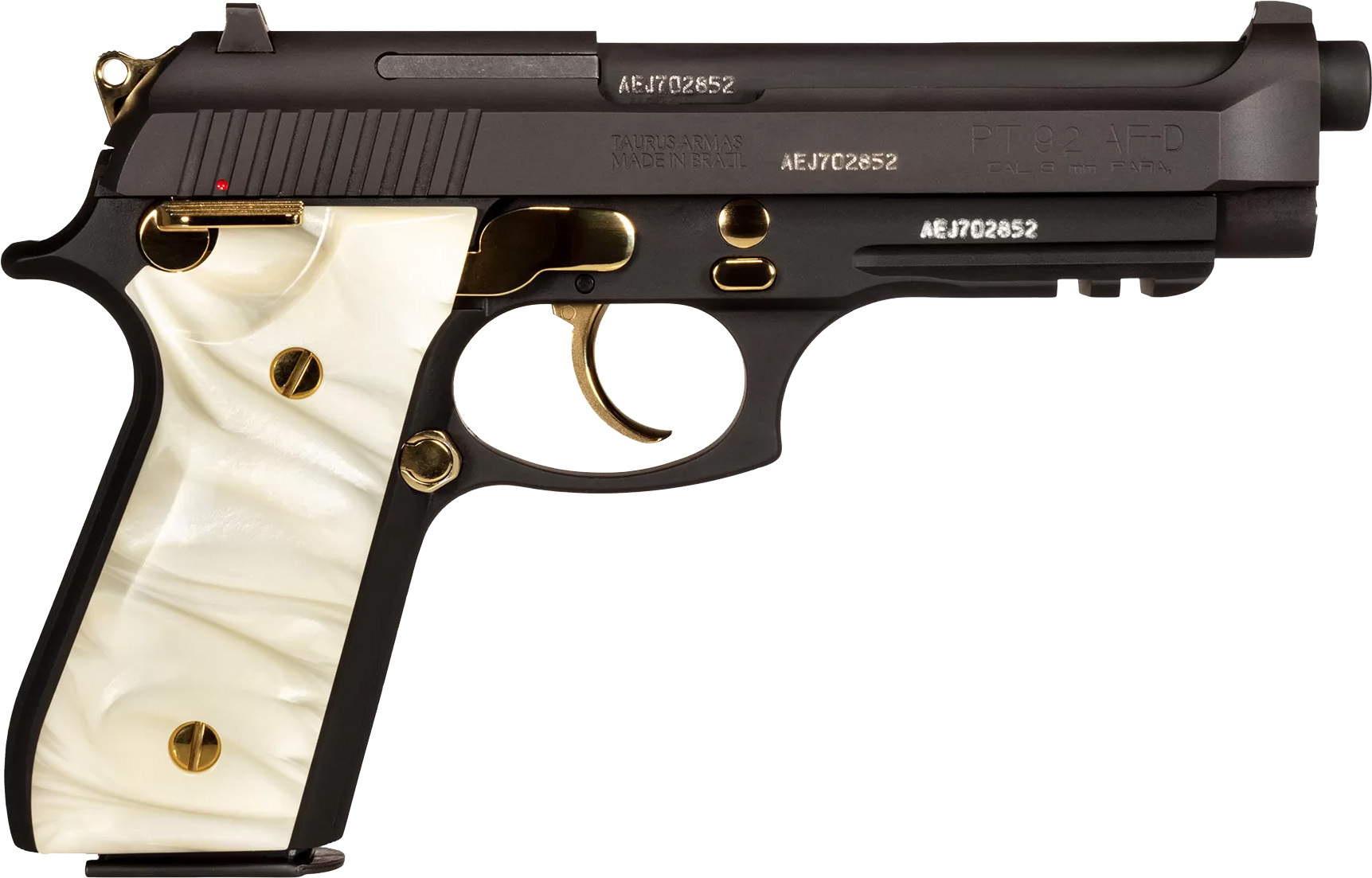 Taurus PT92 9mm Semi-Auto Pistol: Pearl Grip, Gold Accents, 5