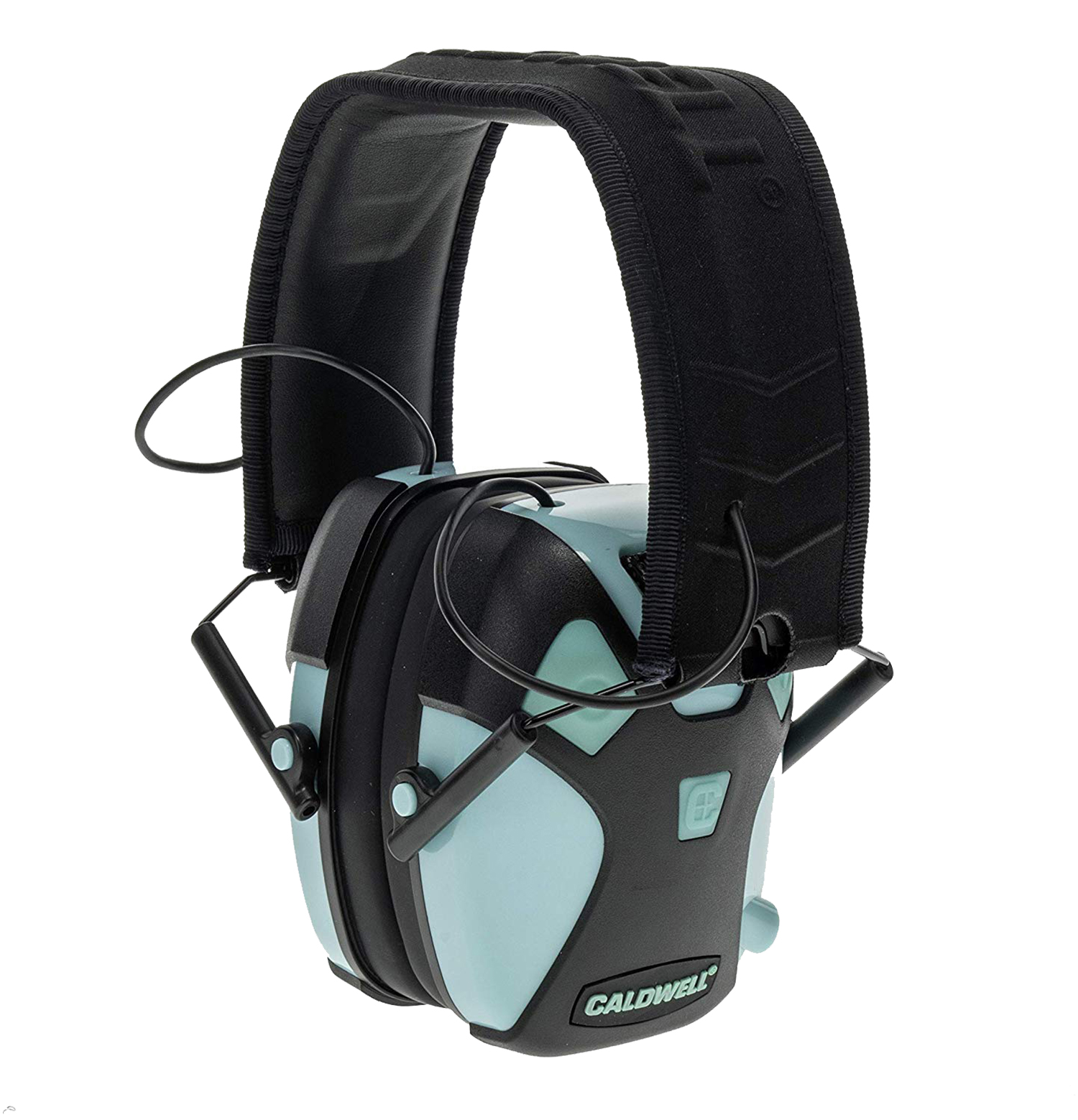 Caldwell E-Max Pro Aqua Blue/Black Hearing Protection, 23dB NRR, Low-Profile Design, Stereo Sound, AAA Battery Operated