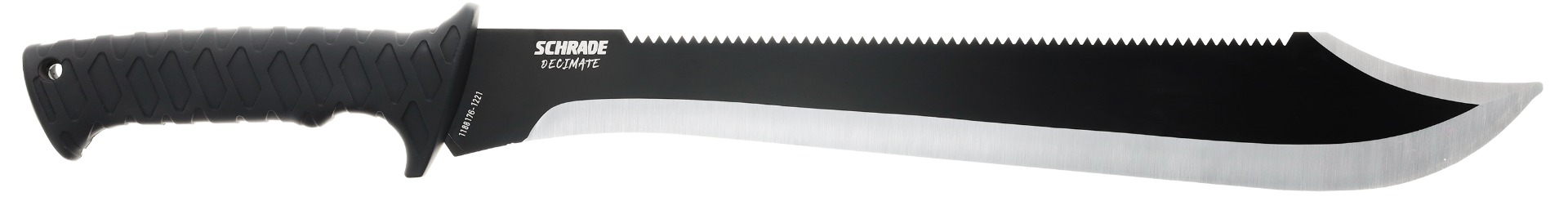 Schrade Decimate Sawback Machete, 14.5" 3CR Steel Blade, Rubberized Non-Slip Handle, Black