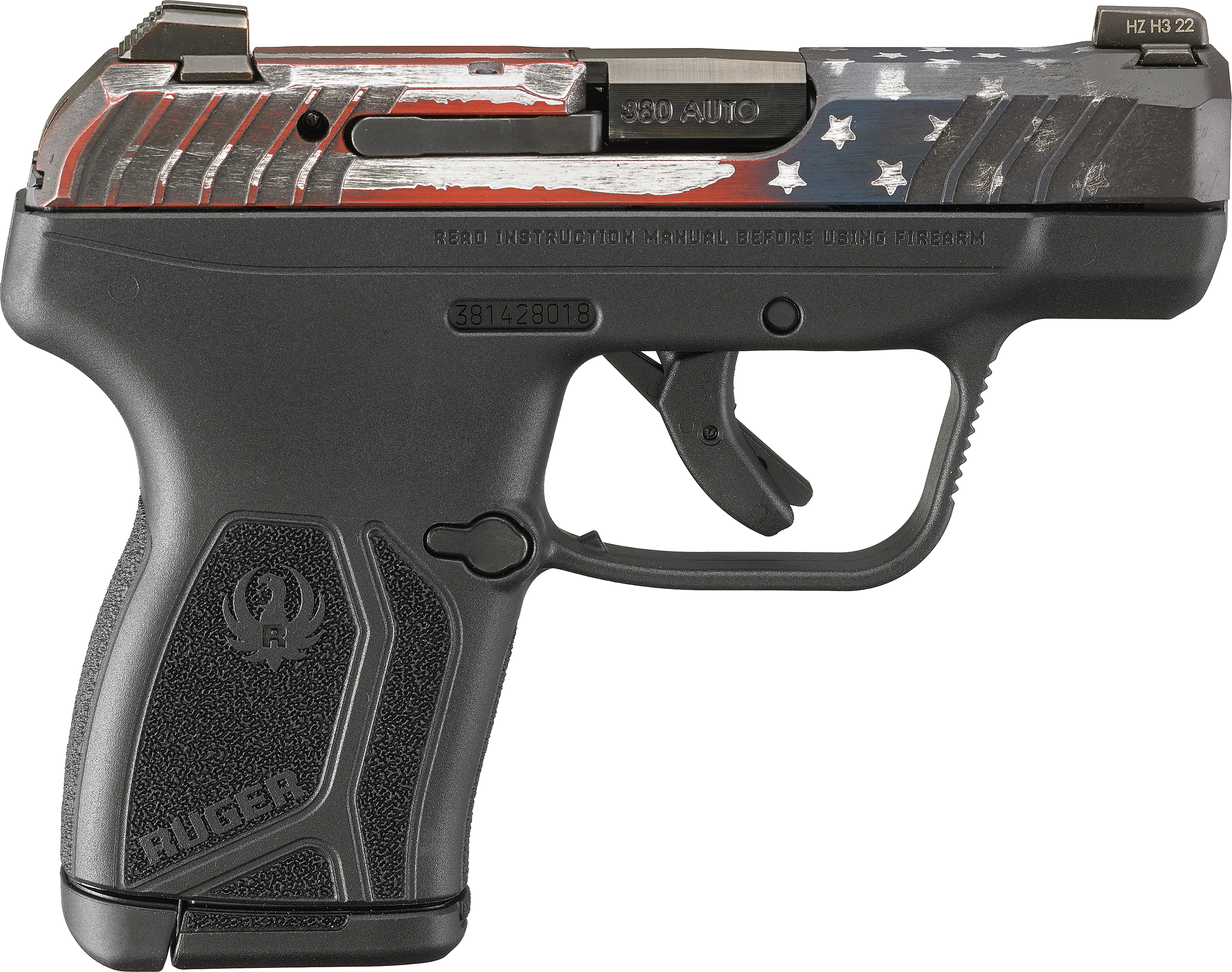 Ruger 13745 LCP Max Compact 380 Auto, 10+1 Capacity, 2.80" Black Oxide Alloy Steel Barrel, American Flag Cerakote Slide, Black High-Performance Glass-Filled Nylon Grip