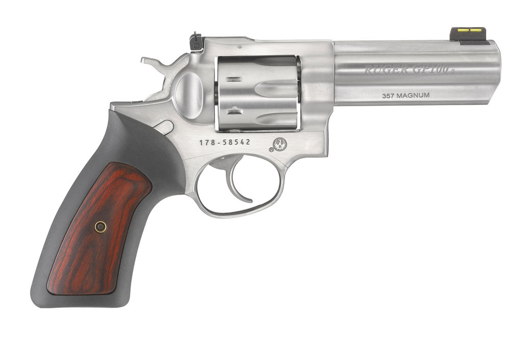 Ruger 1771 GP100 Revolver, 357 Mag, 4.20" Barrel, 7-Round, Satin Stainless Steel, Cushioned Rubber Grip, Fiber Optic Front Sight, Adjustable Rear Sight - Ruger - 357 Magnum | 38 Special