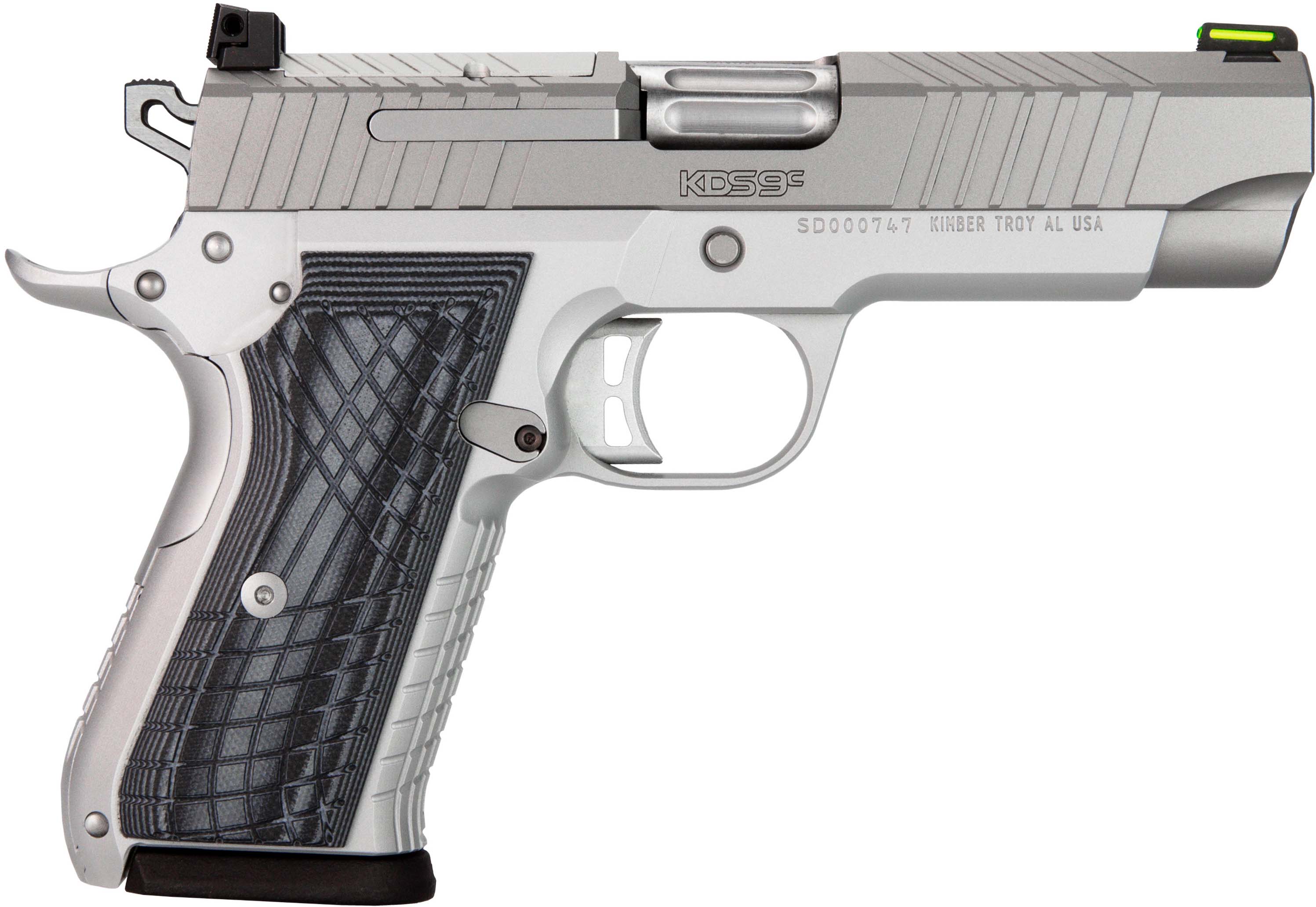 Kimber KDS9c 9mm 4" KimPro Silver Optic-Ready, Green Fiber Optic Sight, G-10 Grips - Kimber - 9mm