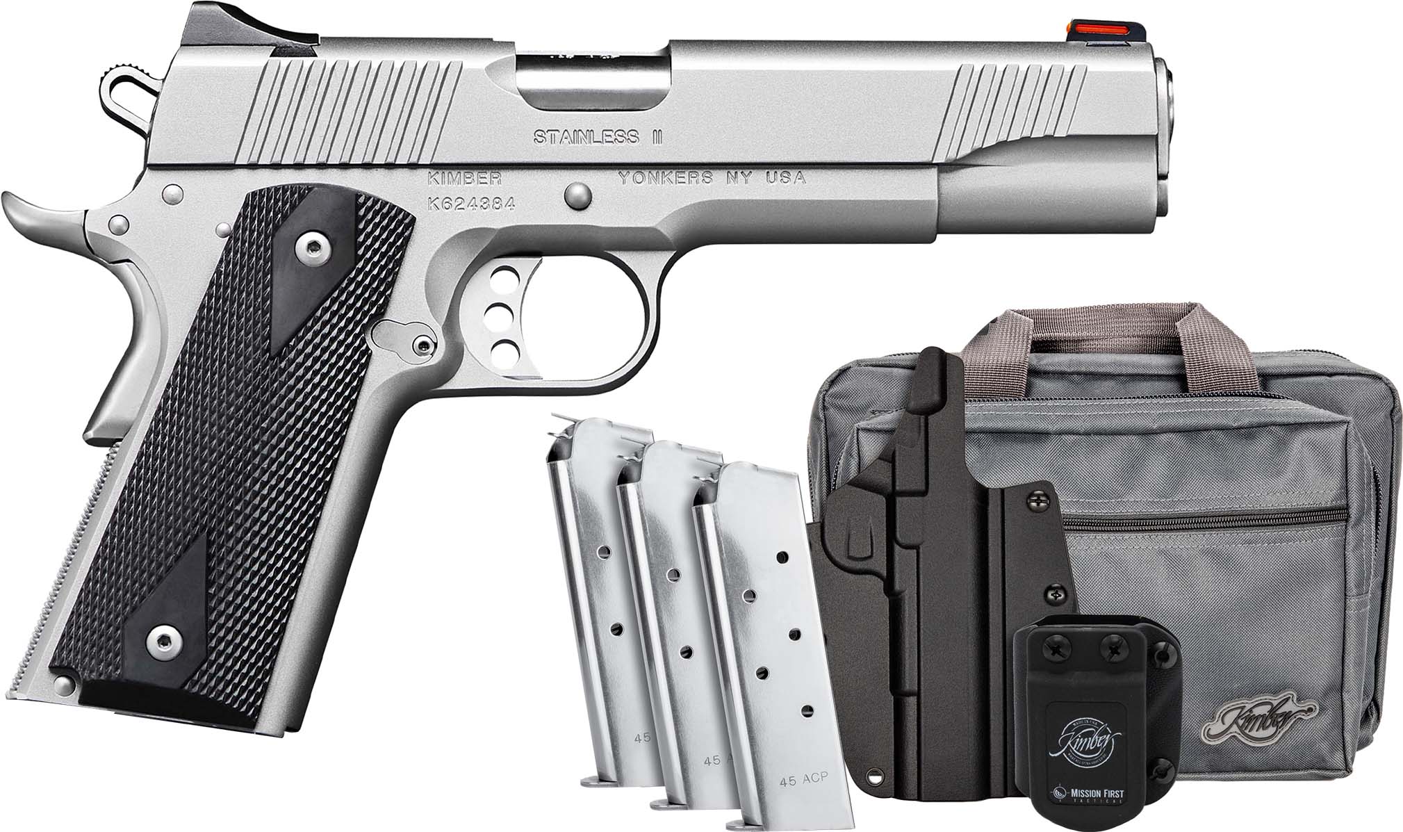 Kimber Stainless II Cali 1911 Semi-Auto Pistol 45 ACP 5" Barrel, 7-Rd, 3 Mags, Holster, Bag - 3200007CAB - Kimber - 45 ACP