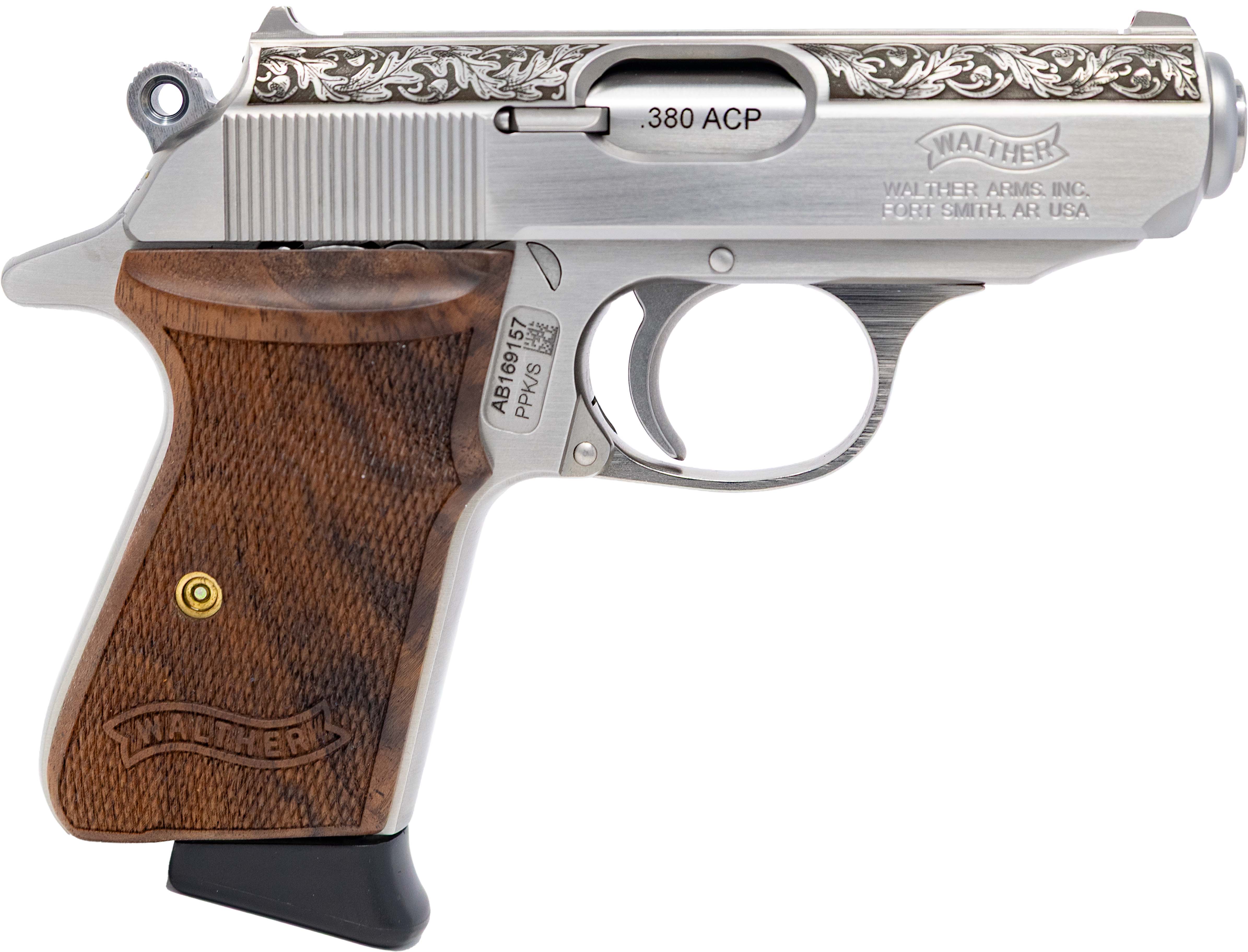 Walther PPK/S PPK/S 380 Walnut Grips/ Oak Leaf Engraving on Slide 7+1 3.3 Stainless Steel