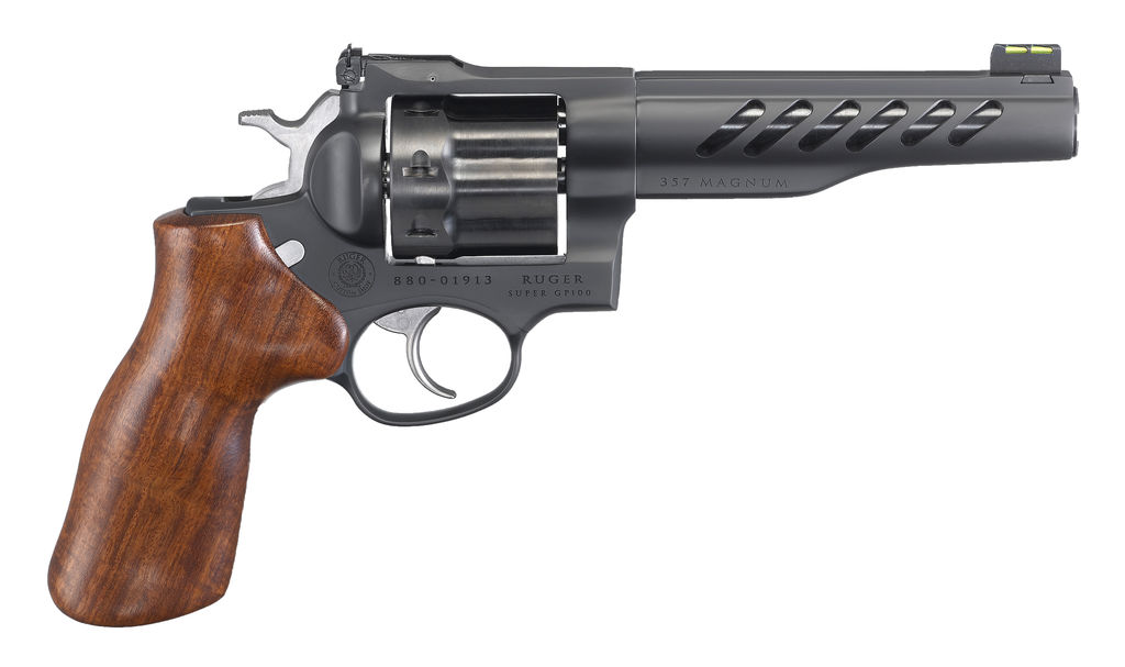 Ruger 5065 Super GP100 Revolver, 357 Mag, 5.50" Ported Barrel, 8-Round, Matte Black PVD, Stainless Steel, Hogue Hardwood Grip, Transfer Bar Safety