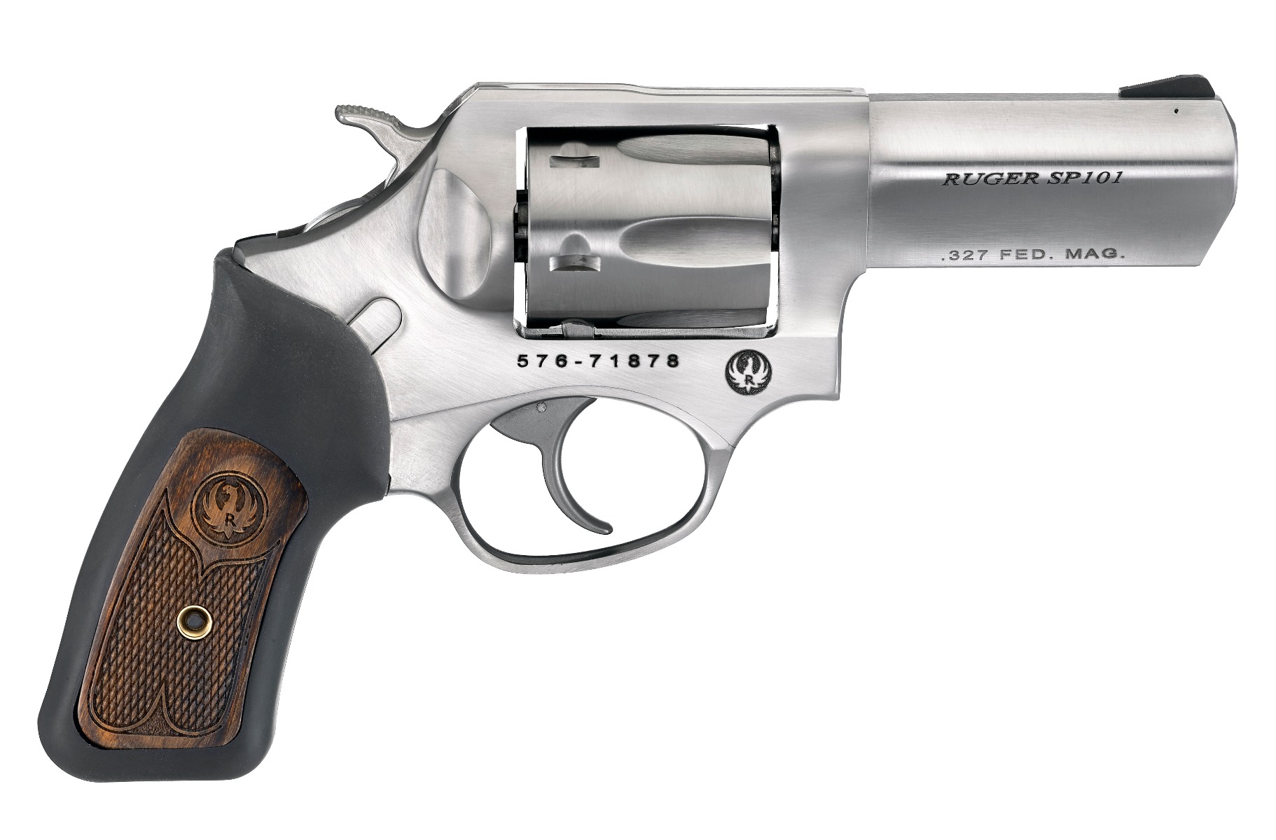 Ruger 5784 SP101 Revolver, 327 Federal Mag, 3-Inch Barrel, 6-Round, Satin Stainless Steel, Engraved Wood Insert Grip - Ruger - 327 Federal Magnum