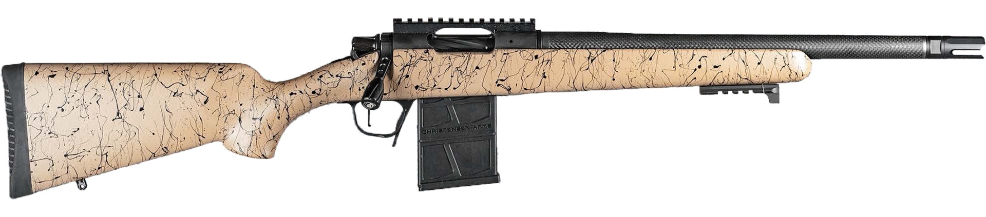 Christensen Arms Ridgeline Scout .308 Bolt-Action Rifle, Tan/Black Webbing, 16" Stainless Steel Barrel, Carbon Fiber Stock, 10-Round Capacity