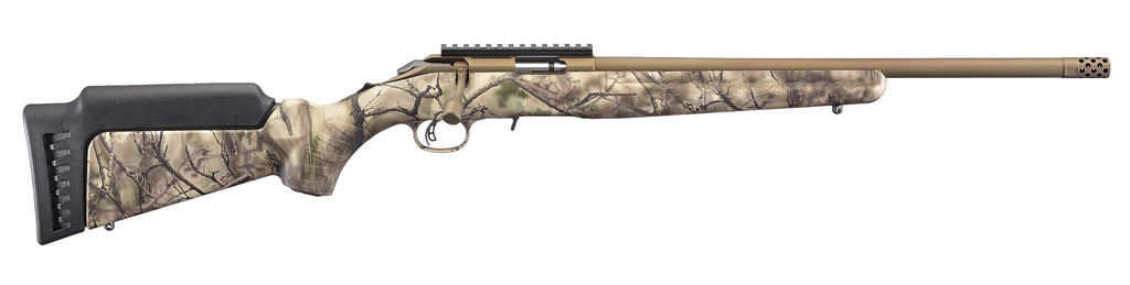 Ruger 8373 American Rimfire 22 WMR, 18" Threaded Barrel, Muzzle Brake, Bronze Cerakote Alloy Steel, GoWild Camo I-M Brush Synthetic Stock, 9+1 Capacity
