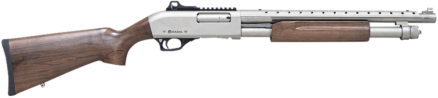 12GA Pump Shotgun 18.5" Barrel, 39" OAL, Nickel Finish, Walnut Stock, 4+1 Capacity, 3 Chokes, Heat Shield, Picatinny Rail, Adjustable Sight