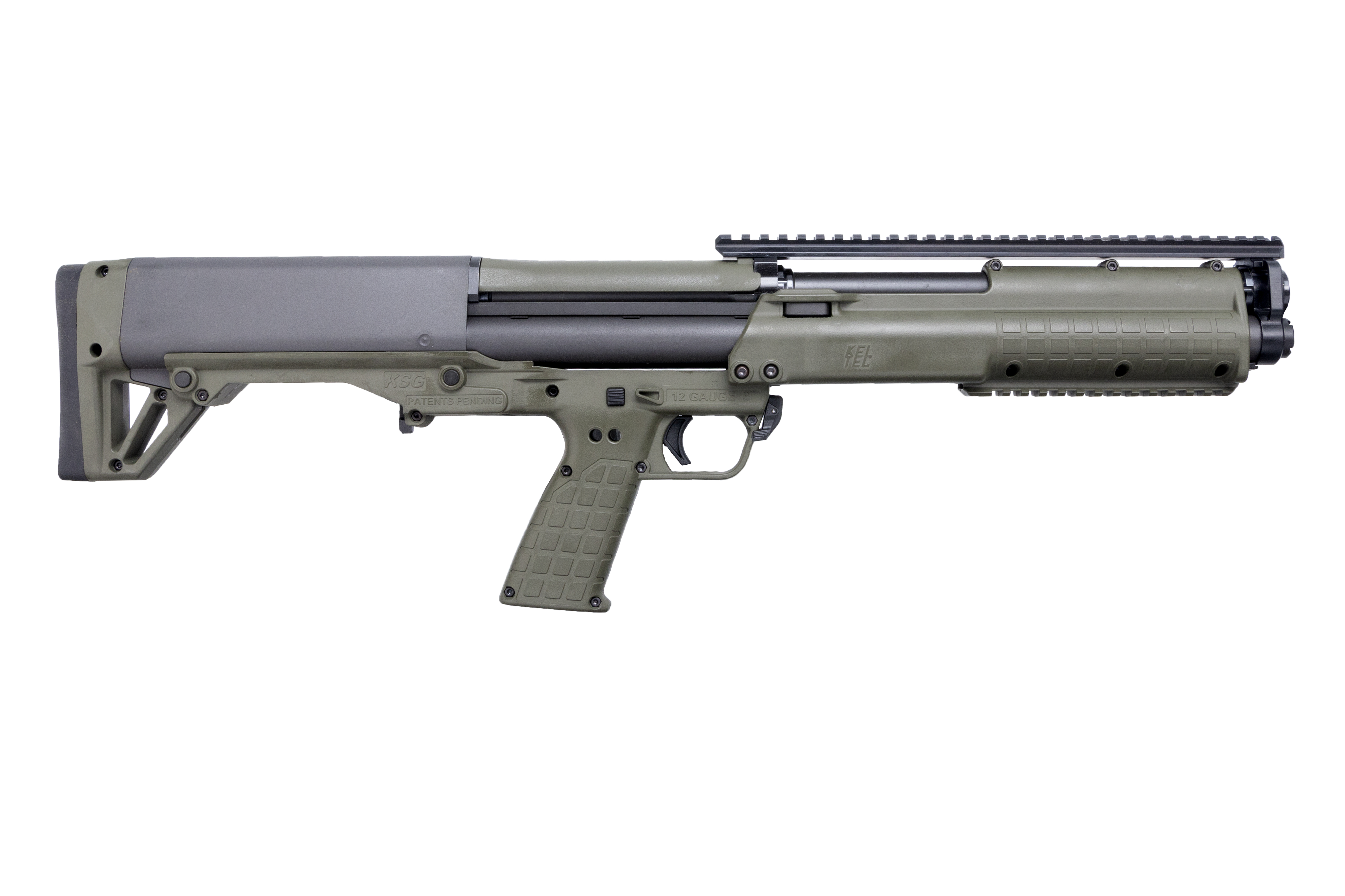 Kel-Tec KSG Pump Action Shotgun 12 Gauge 18.5" Barrel 3" Chamber 12 Rounds Dual Tube Magazines Downward Ejection Synthetic Stock OD Green