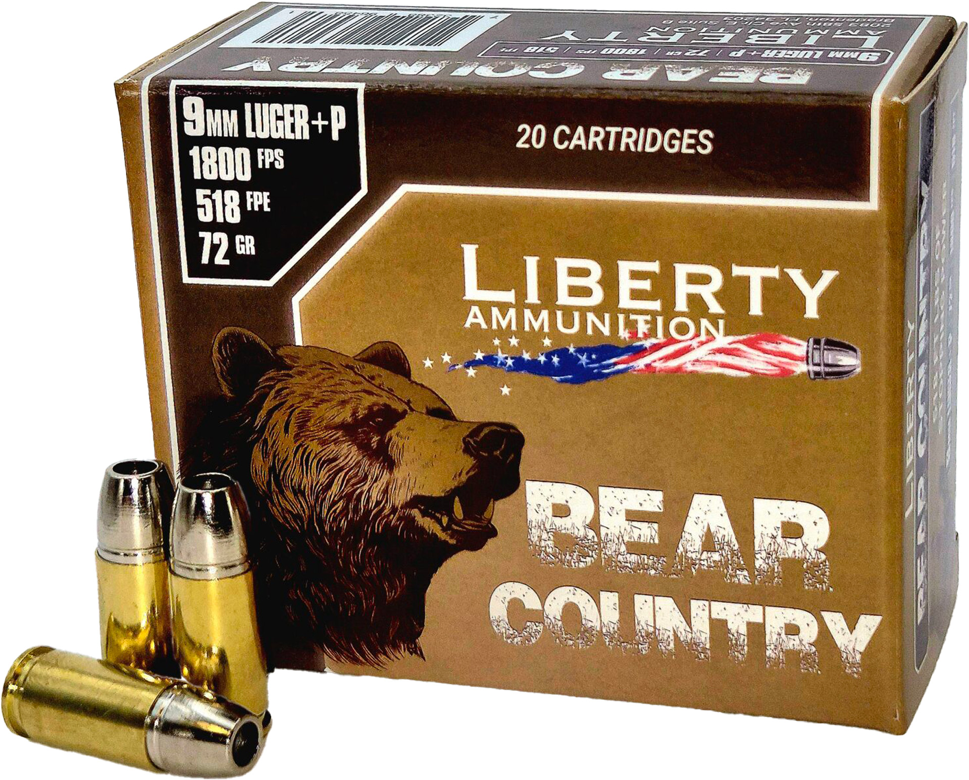 Liberty Bear Country Handgun Ammunition 9mm(+P) 72gr Solid 1850 fps 20/cts