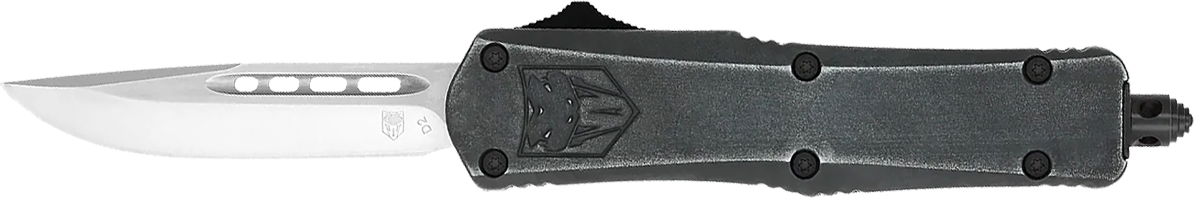 CobraTec Small FS3 OTF Knife: 3" D2 Drop Point, Stonewash Finish, Carbon Steel Blade, Aluminum Handle