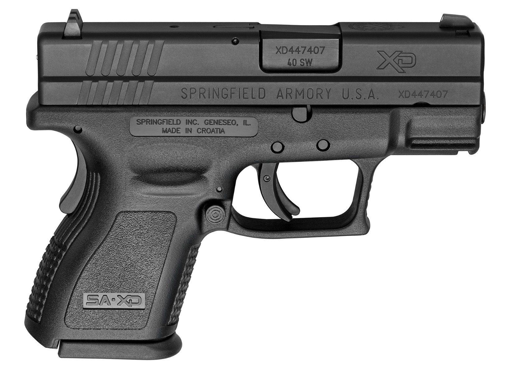 Springfield Armory XD9802 XD Sub-Compact .40 S&W Pistol: 3" Melonite Barrel, 9-Round Capacity, Dovetail 3-Dot Sights, Black Polymer Frame
