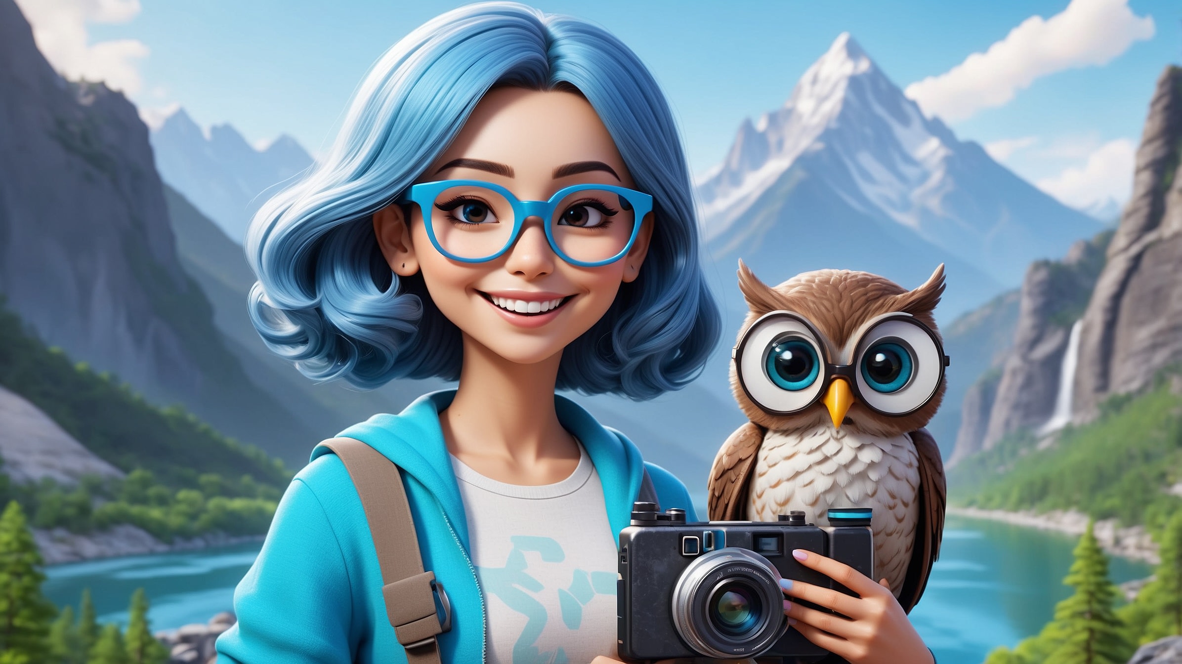 Leonardo AI | Prompt:"A young techie lady with a vibrant personality, sporting trendy glasses, light blue (hex color #5F92C3) highlights in her hair, holding a video recorder, and accompanied by a small single playful cartoon owl familiar, stands confidently against a backdrop of mountains and rivers."