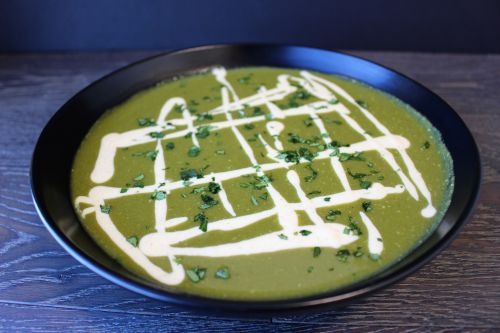 Roasted Poblano and Pea Soup with Mango Creme Fraiche