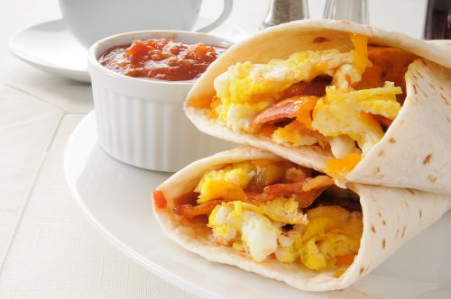 Bacon Egg and Cheese Breakfast Burrito with Mango Salsa