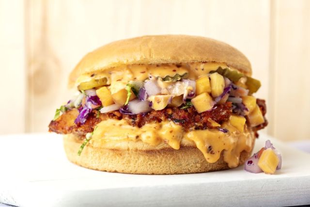 Hong Bomb Crispy Chicken Sandwich with Pineapple Mango Slaw