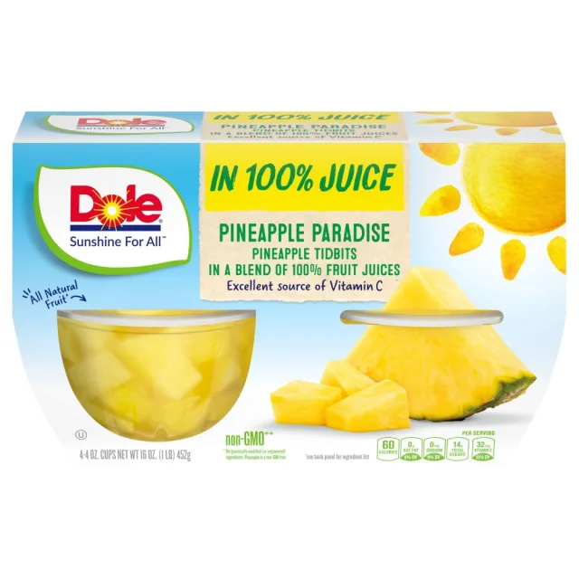 Dole Fruit Bowls Pineapple Tidbits in 100% Juice - 4 oz