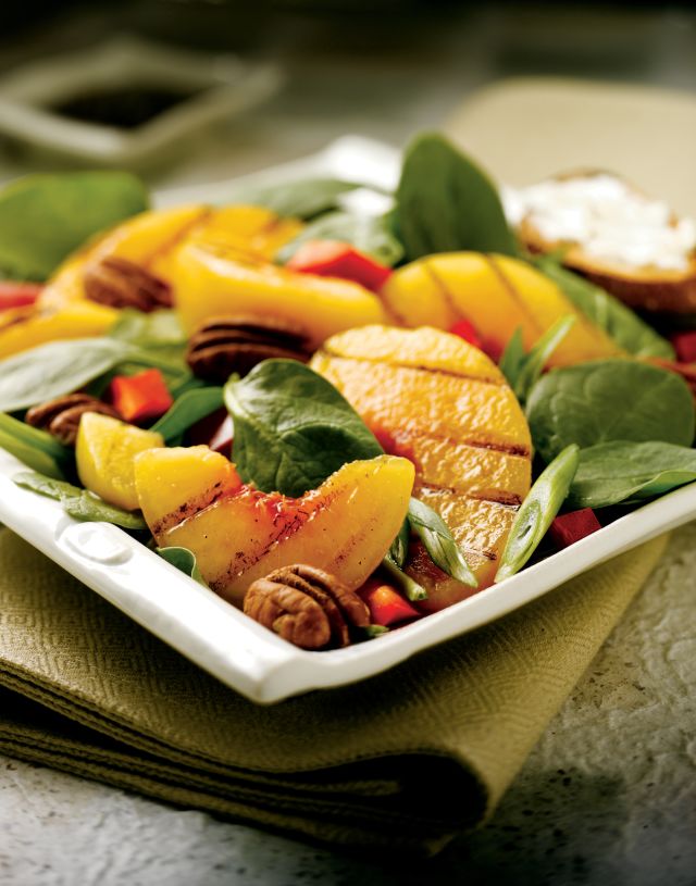 Spinach Salad with Grilled Peaches and Goat Cheese Toast