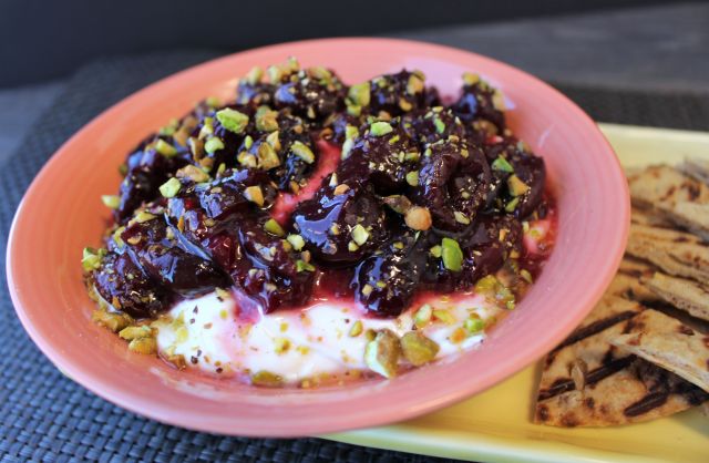 Labneh with Cherry Compote Toasted Pistachios and Honey with Flatbread Points