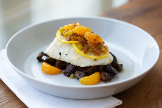 Olive Oil Poached Cod with Orange and Chorizo