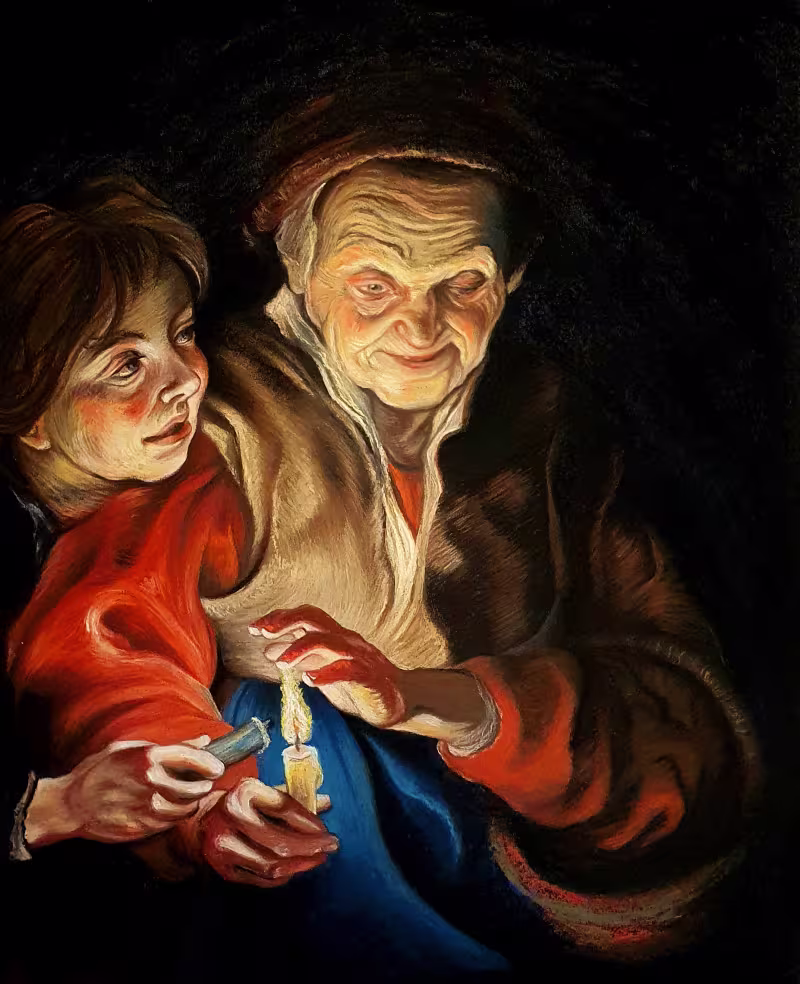 Vieille Femme et Garçon avec des Bougies