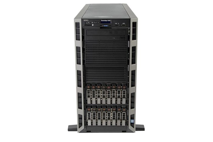 Front view of Dell PowerEdge T630 with 16 x 1.8TB SAS 2.5" HDDs