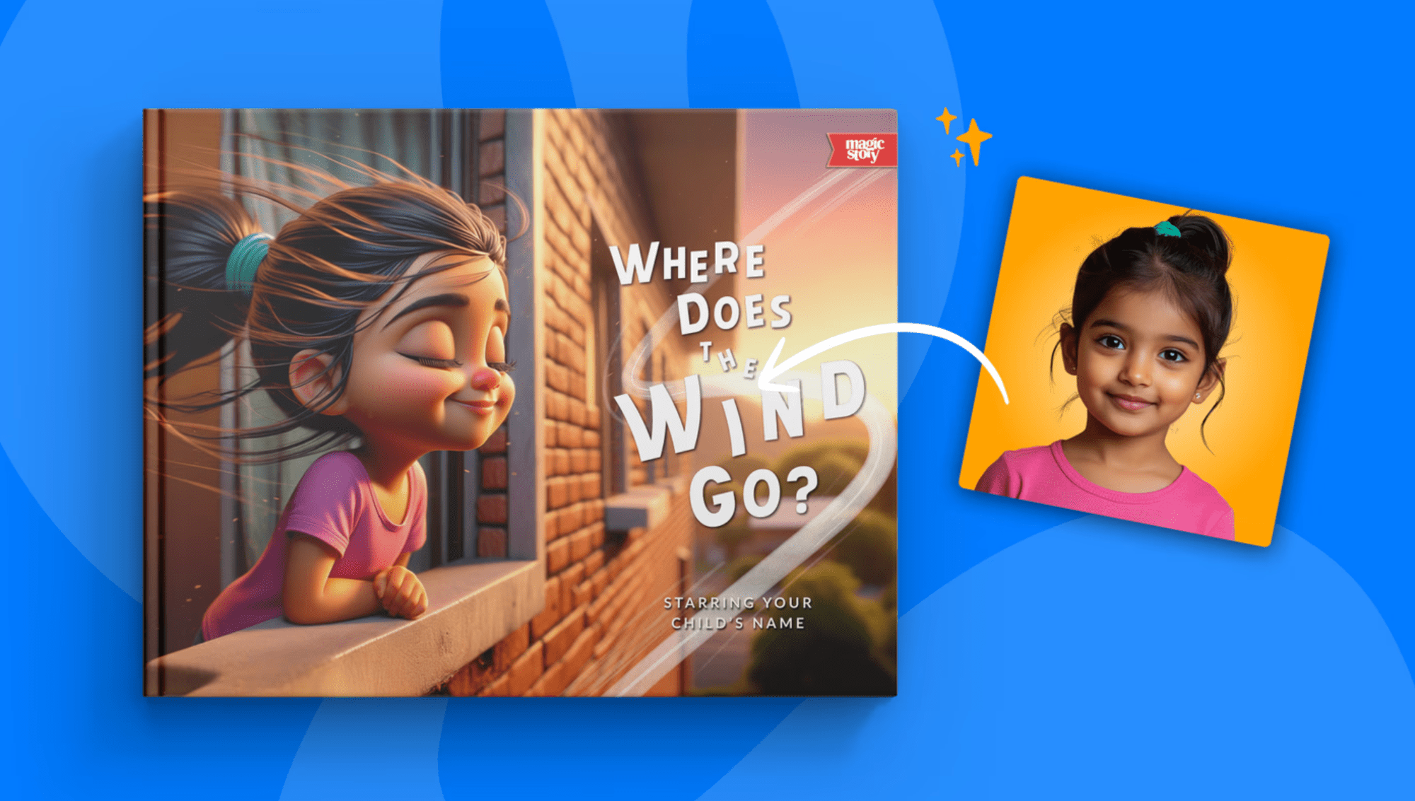 Personalized illustration from Where Does the Wind Go  -  a child feeling the wind through a meadow