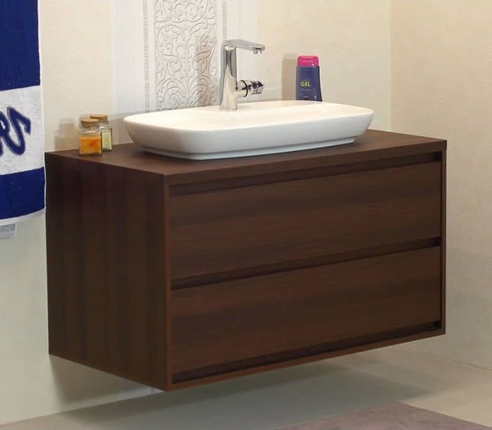 Шкаф за баня М-Мебел ПРИОРА, долен шкаф, 100% PVC, плавно прибиране, с умивалник, панти Blum