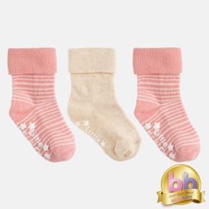 Non-Slip Stay On Baby and Toddler Socks - 3 Pack in Organic Blush Stripe & Oatmeal