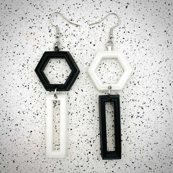 Matt Black Mismatch Hexagon Earrings: Quirky mismatch design 3D printed in lightweight resin. More colours available.