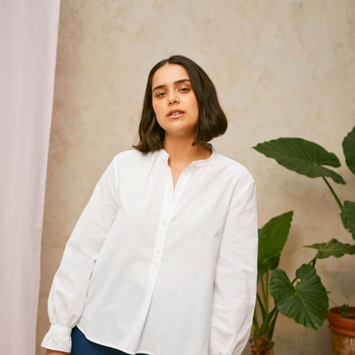 Marie Gather Neck A-Line Blouse, White Recycled Cotton