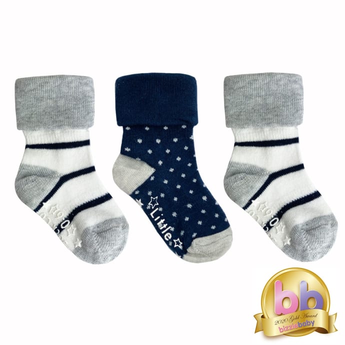 Non-Slip Stay on Baby and Toddler Socks - 3 Pack in Navy Wide Stripe & Navy