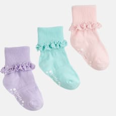 Frilly Non-Slip Stay-On Baby and Toddler Socks - 3 Pack in Pink Lemonade, Paradiso and Amethyst