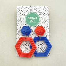 Blue / Red Mismatch Hexagon Studs: Quirky mismatch design 3D printed in lightweight resin. More colours available.