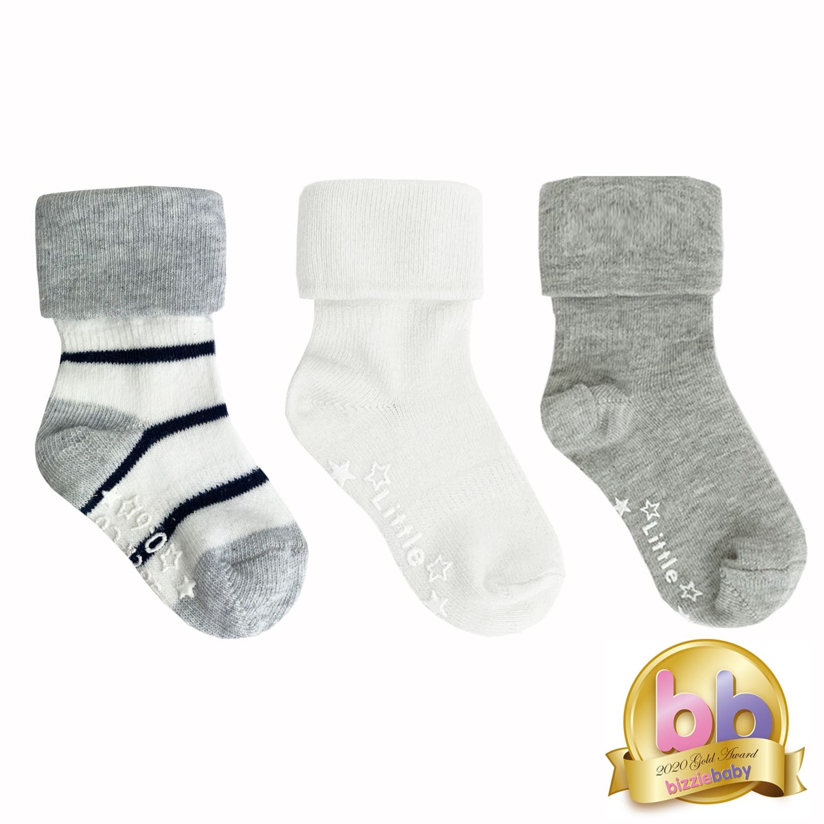 Non-slip Stay vauvojen ja taaperoiden sukissa - 3 pakkaus laivaston leveässä raidassa, harmaa + valk