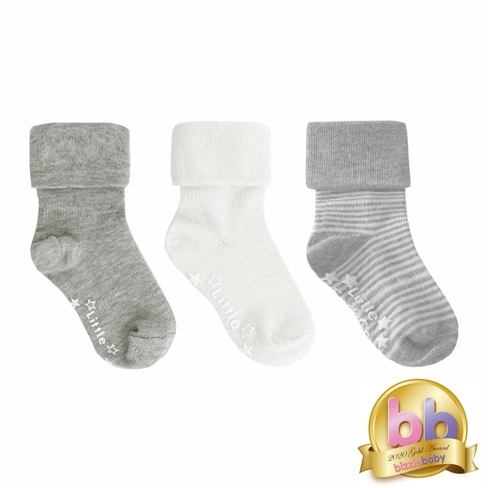 Non-Slip Stay On Baby and Toddler Socks - 3 Pack in White, Grey Marl Stripe and Grey Marl