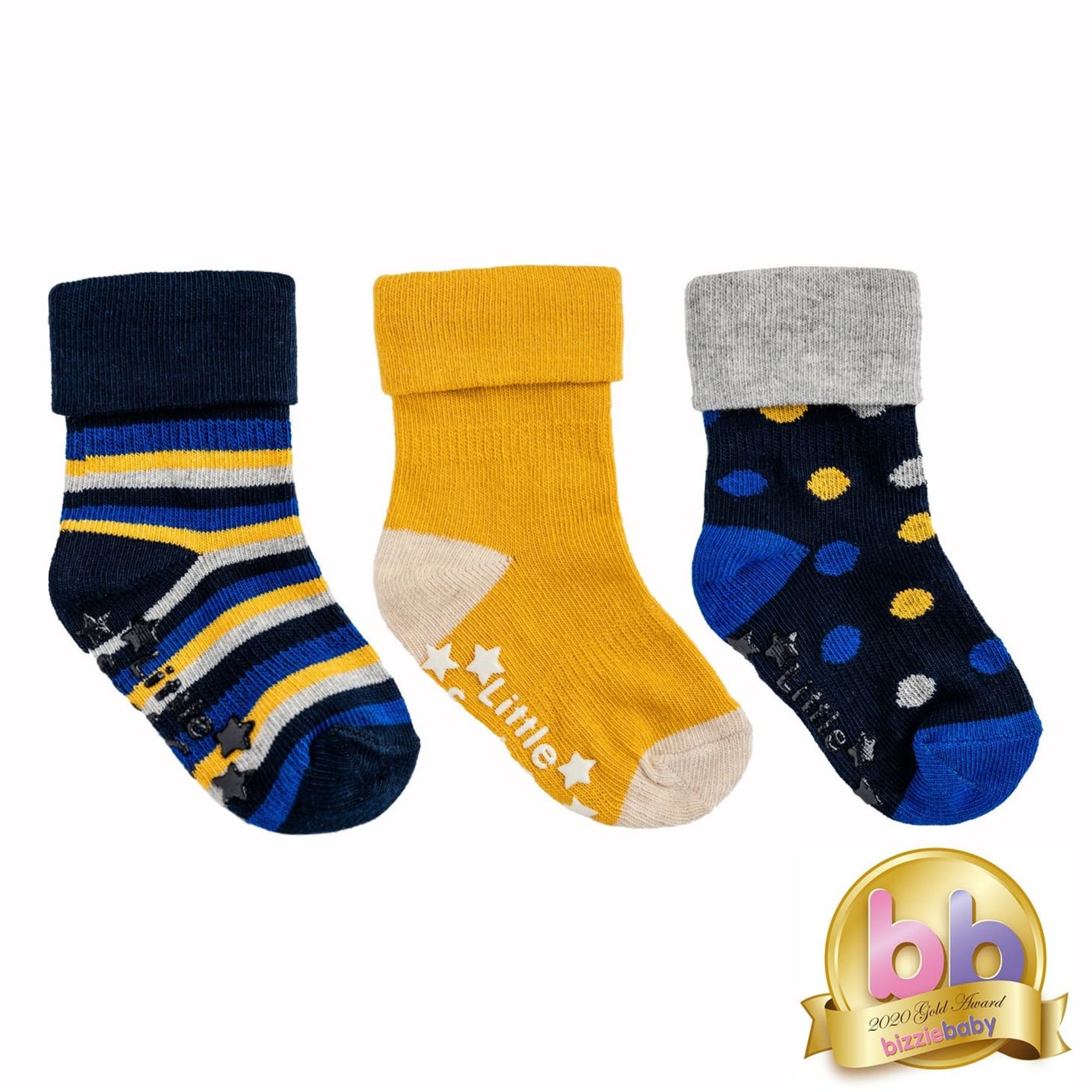 Liukumattomat vauvojen ja taaperoiden sukat - 3 pakkaus sinisen ja sinapin sävyissä