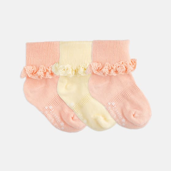 Frilly Non-Slip Stay-On Baby and Toddler Socks - 3 Pack in Peaches 'n' Cream & Lemon Drop