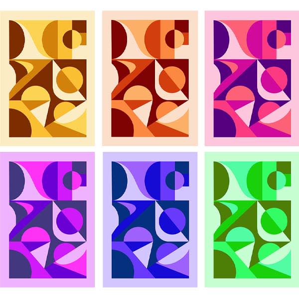 Set of 6 abstract mid-century modern geometric posters in retro color palettes