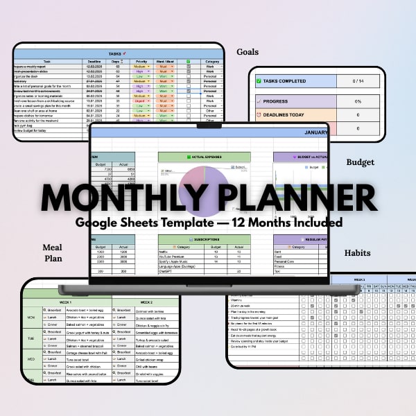 Monthly Planner 2026 eng - Google Sheets | Habits • Goals • Tasks • Budget • Meal Plan
