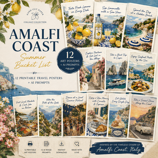 Amalfi Coast Summer Bucket List | 12 Printable Travel Posters + AI Prompts | Mediterranean Paper Collage Collection