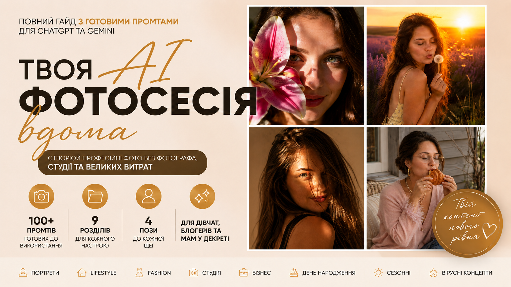 Обкладинка гайду «AI-фотосесія вдома» — приклад стильних фото, створених за промптами