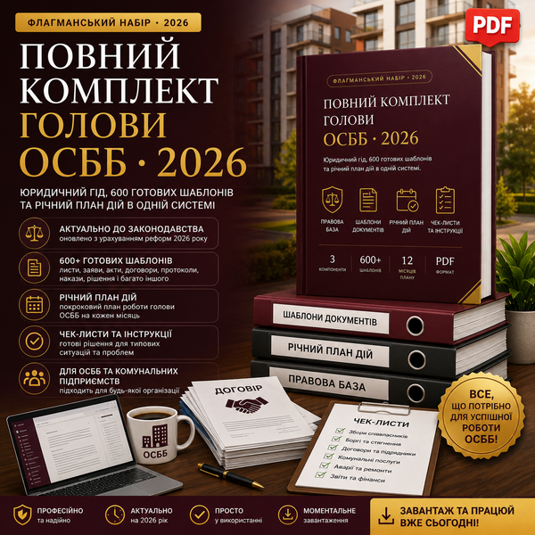 Повний комплект голови ОСББ 2026-2028| Юридичний гід + 600 шаблонів (економія ~30%)