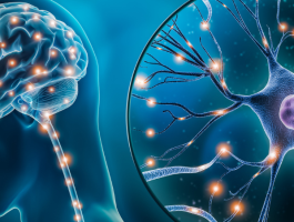 Illustration des menschlichen Gehirns und einer Nervenzelle mit elektrischen Impulsen. Darstellung der Signalübertragung im Nervensystem, wie sie bei neurologischen Erkrankungen wie CIDP gestört sein kann.