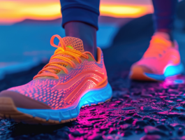Neonfarbene Laufschuhe auf Schotterweg bei Sonnenuntergang – moderner Sportschuh mit Dämpfung und Stabilität zur Unterstützung der Biomechanik und Vorbeugung von Laufverletzungen.