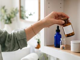 Pflegende Angehörige nimmt eine braune Medikamentenflasche aus einer gut sortierten Hausapotheke mit Tropfflaschen, Tabletten und weiteren Arzneimitteln.