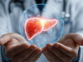 Medizinische Fachperson hält eine leuchtende digitale Darstellung der Leber in den Händen – Symbol für Lebergesundheit und natürliche Unterstützung der Leberfunktion.