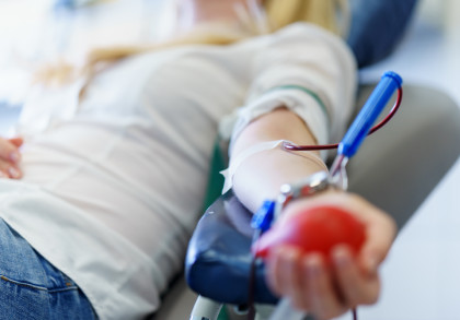 Eine Person spendet Blut. Ihr Arm ist ausgestreckt, eine Nadel ist in die Vene eingeführt und ein Schlauch führt das Blut in einen Beutel. In der Hand der Person befindet sich ein roter Gummiball.